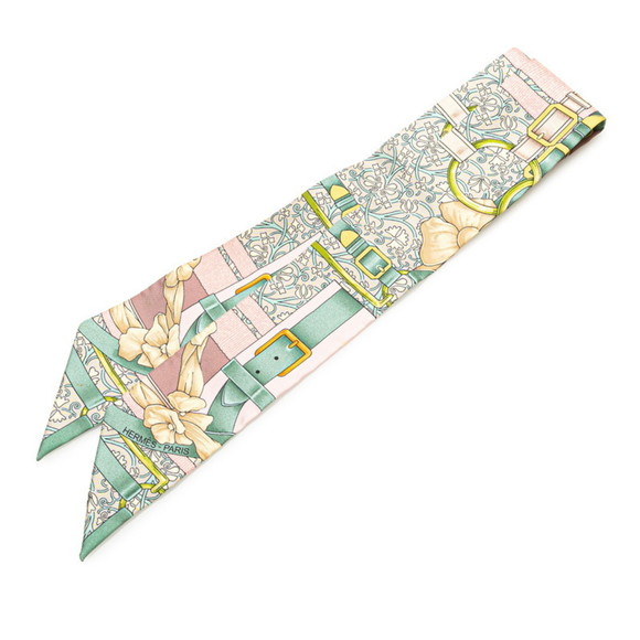 Hermès Twilly GRAND MANAGE Scarf, Light Pink Multicolor Silk, Women's, HERMES - Picture 1 of 7